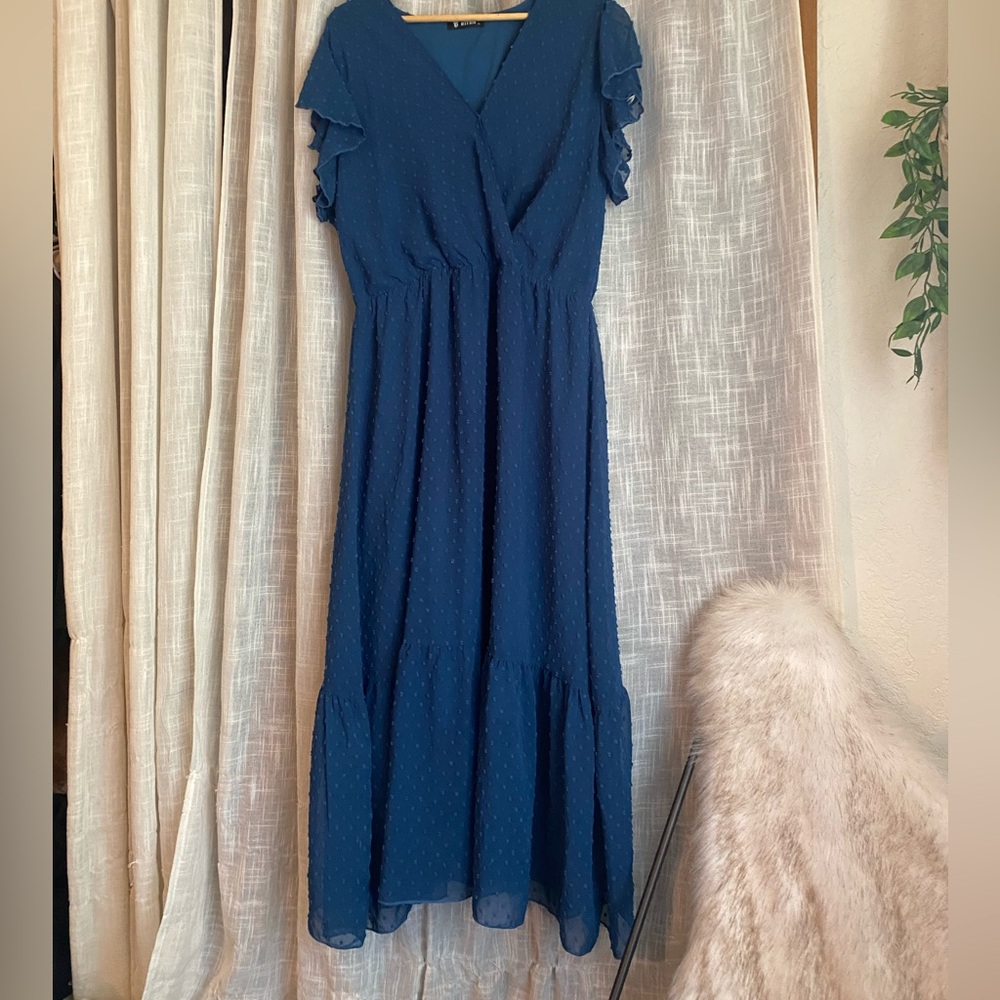Dark blue short ruffle sleeve maxi dress with built-in slip